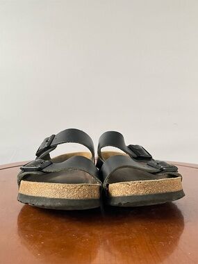 Birkenstock Arizona Black Oiled Leather Two Strap Slides Sandals | EU 36